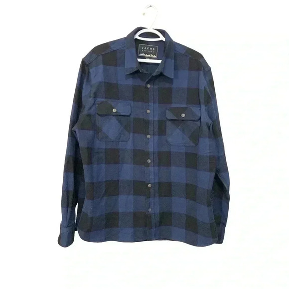 JACHS 100% heavy cotton flannel men’s button down shacket, blue and black plaid - Picture 3 of 6